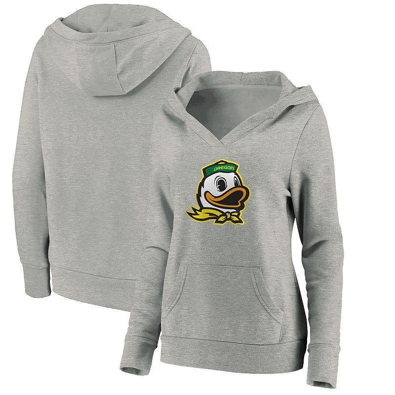 Womens Fanatics Branded Heather Gray Oregon Ducks Primary Logo V-Neck Pullover Hoodie Product Image