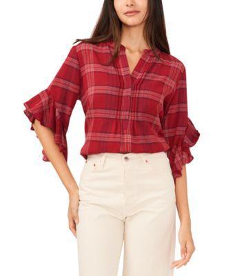 Women's Plaid Pintuck Flutter 3/4-Sleeve Henley Blouse Product Image