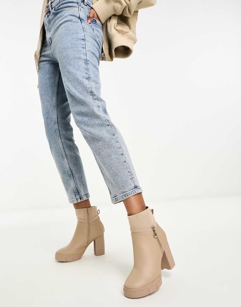 River Island heeled boot with side zip in cream Product Image