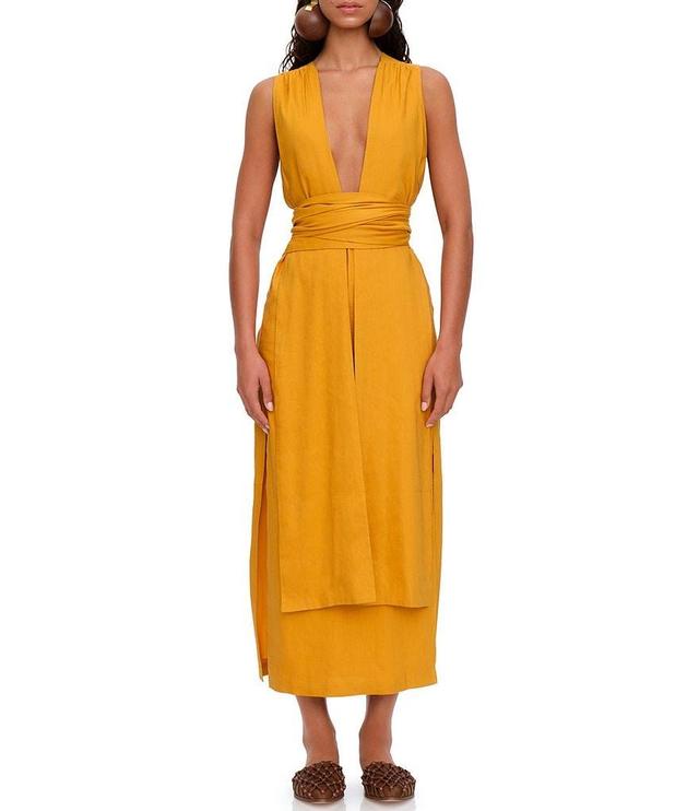 Andrea Iyamah Zado Linen Blend Deep V-Neck Sleeveless Panel Side Slit Gathered Tie Waist Wrap Maxi Dress Product Image