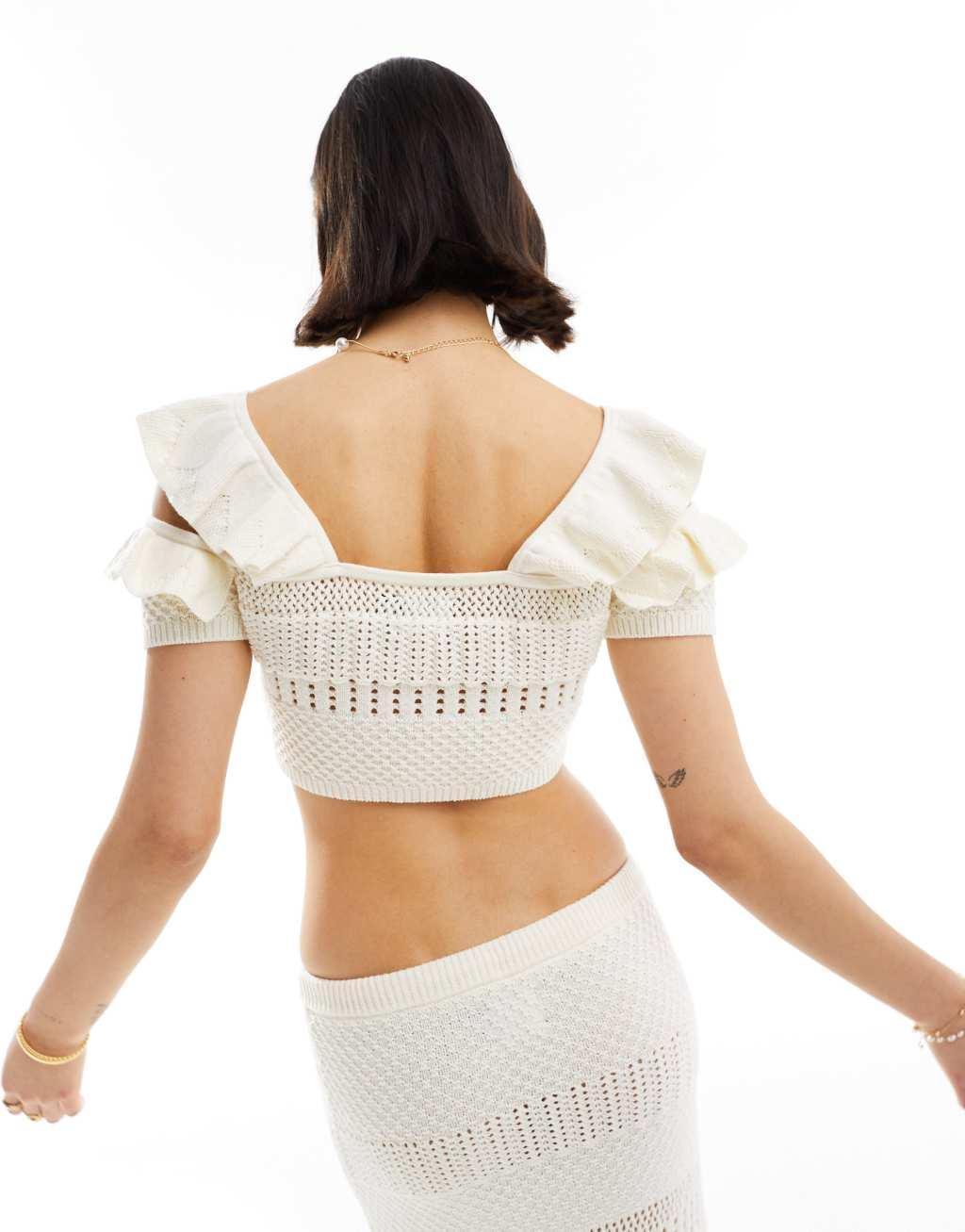 ASOS DESIGN knit stitch cami top with tie detail in cream - part of a set Product Image