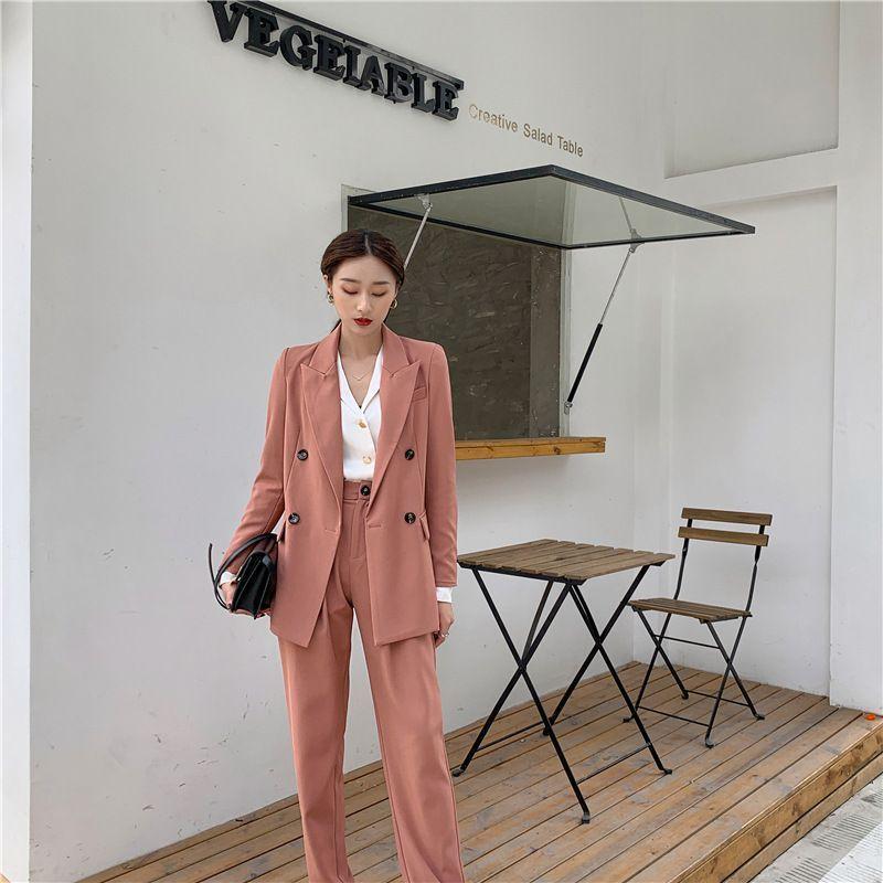 Set: Double-Breasted Blazer + Wide-Leg Dress Pants Product Image