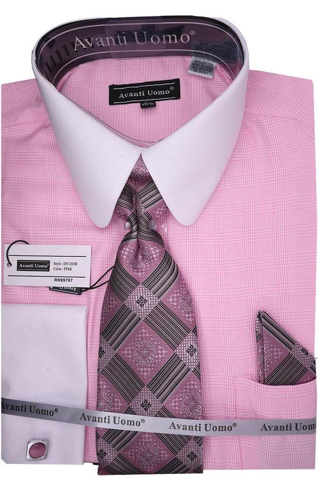 Pink Windowpane Dress Shirt Set with Tie and Handkerchief Product Image