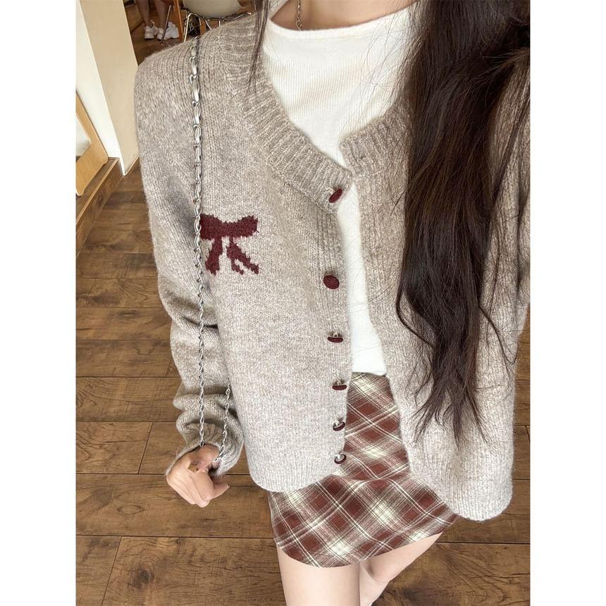 Crew Neck Bow Print Button-Up Cardigan Product Image