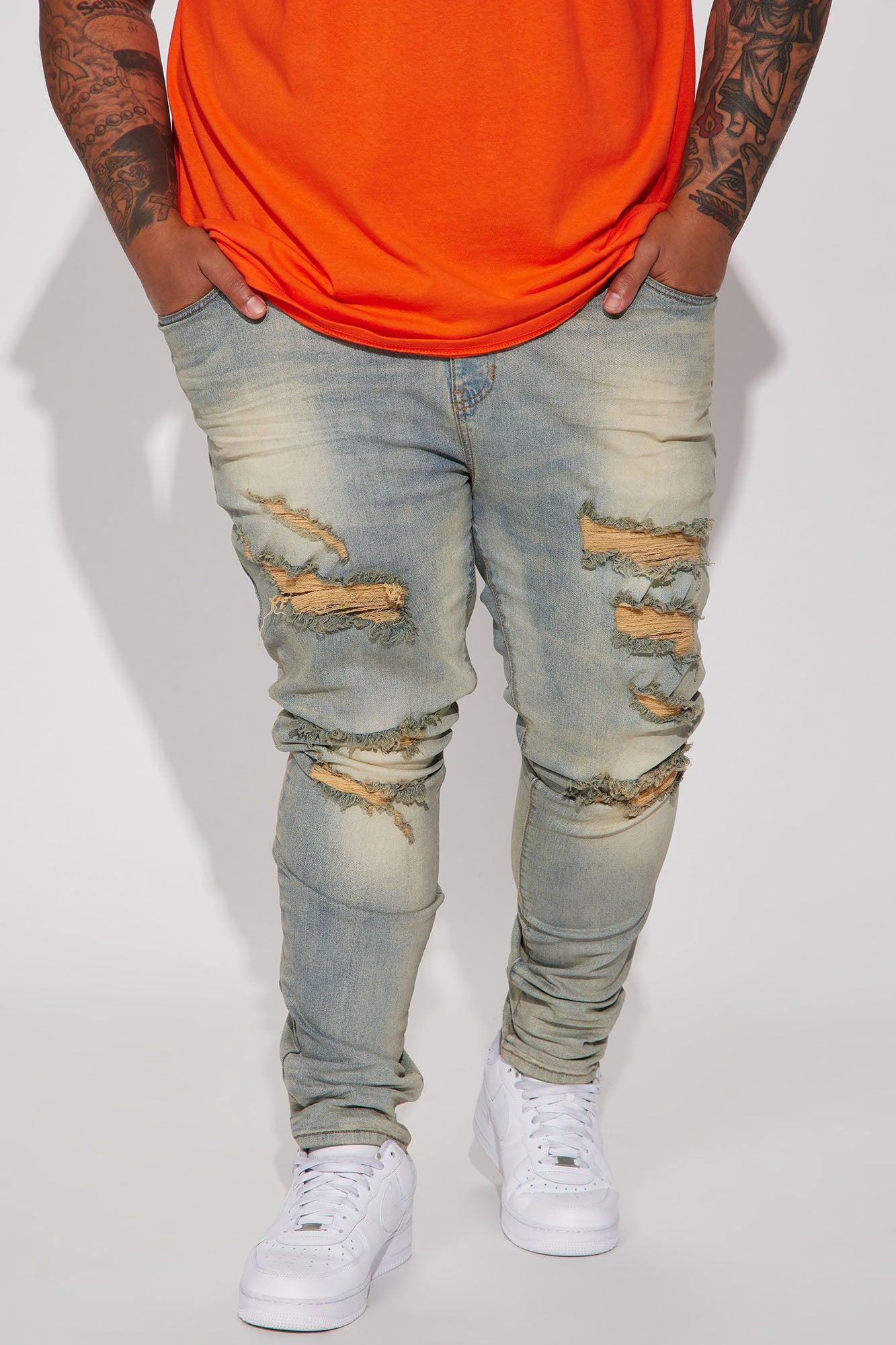 Out Of Control Destroyed Vintage Stacked Skinny Jeans - Vintage Blue Wash Product Image