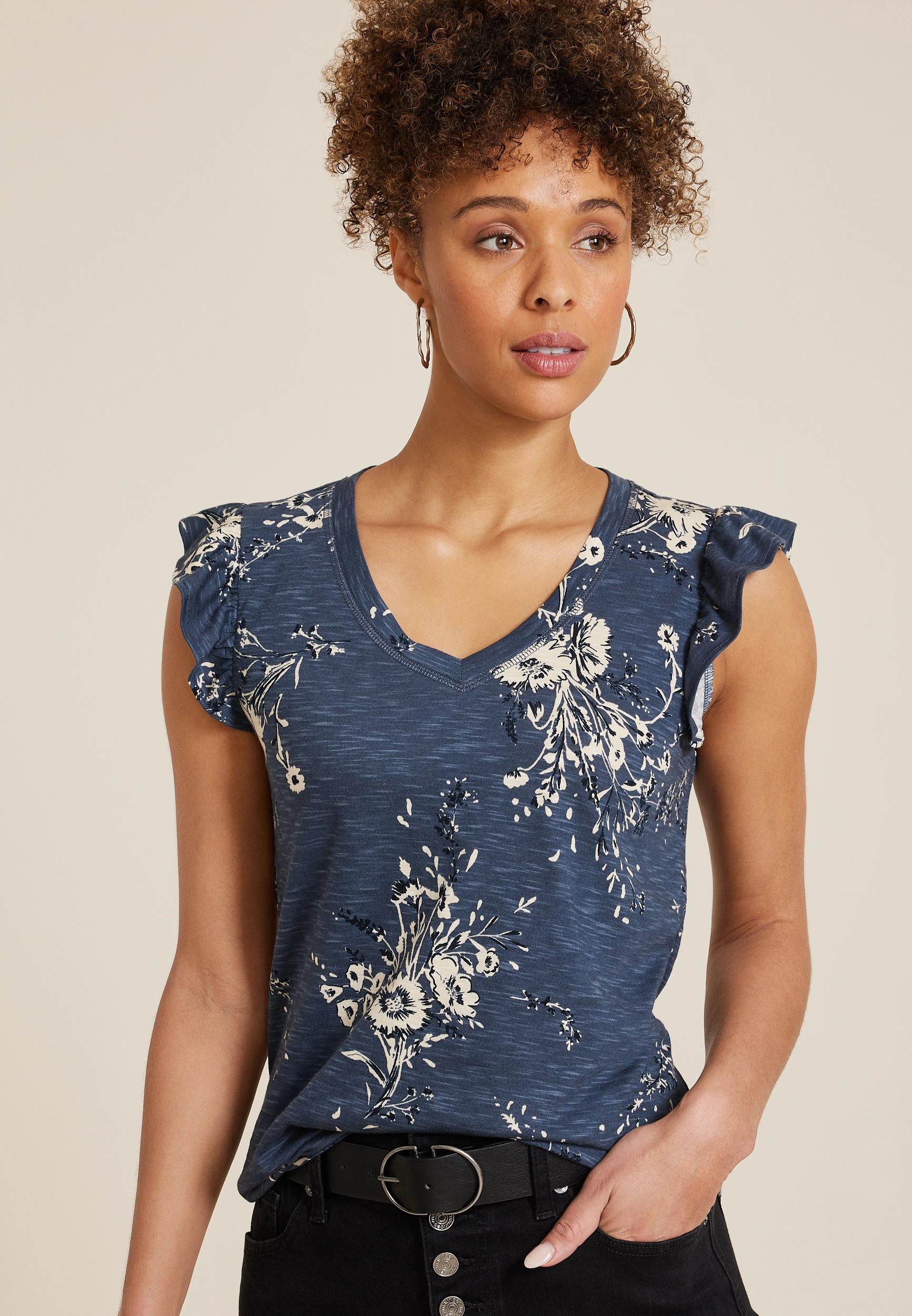 Brookside Floral V Neck Ruffle Sleeve Tee Product Image