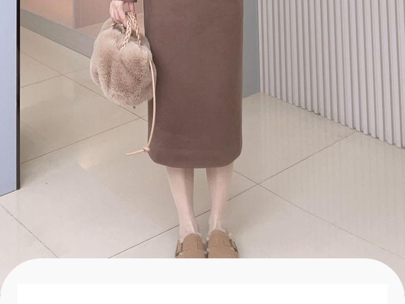 Set: Round Neck Plain Asymmetrical Button Jacket + High Waist Midi Pencil Skirt Product Image