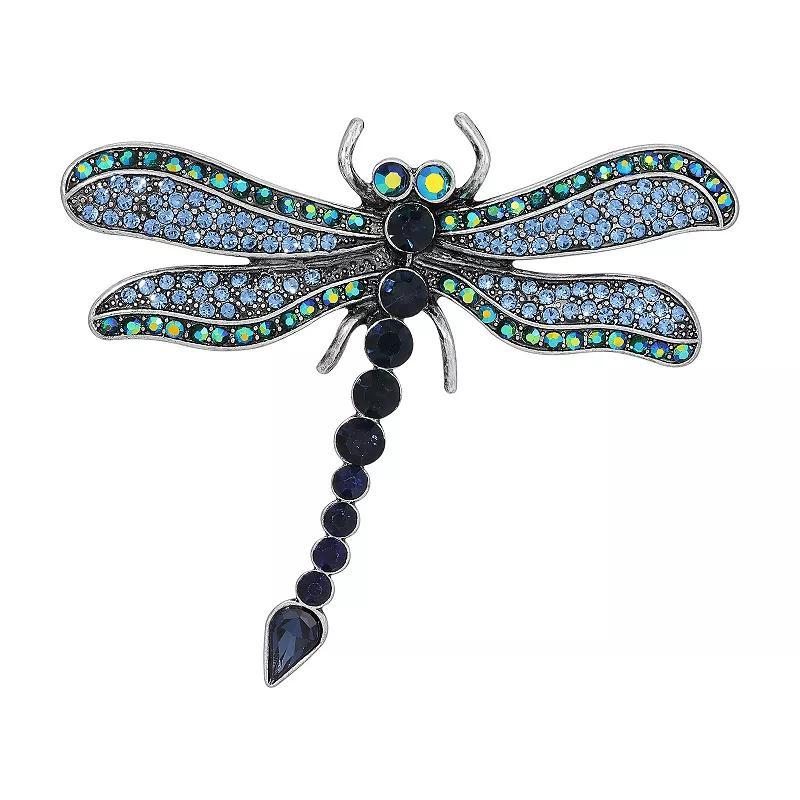 1928 Silver Tone Blue & Aurora Borealis Crystal Oxidized Dragonfly Brooch, Womens Product Image