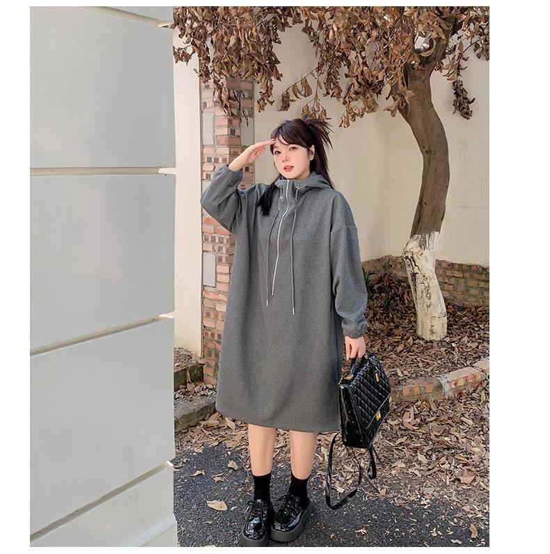 Plus Size Long-Sleeve Half-Zip Hoodie Dress Product Image