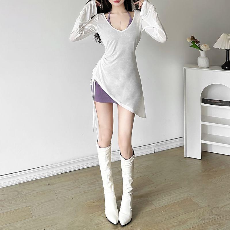 Set: Long-Sleeve V-Neck Plain Tee + Halter Mini Bodycon Dress Product Image