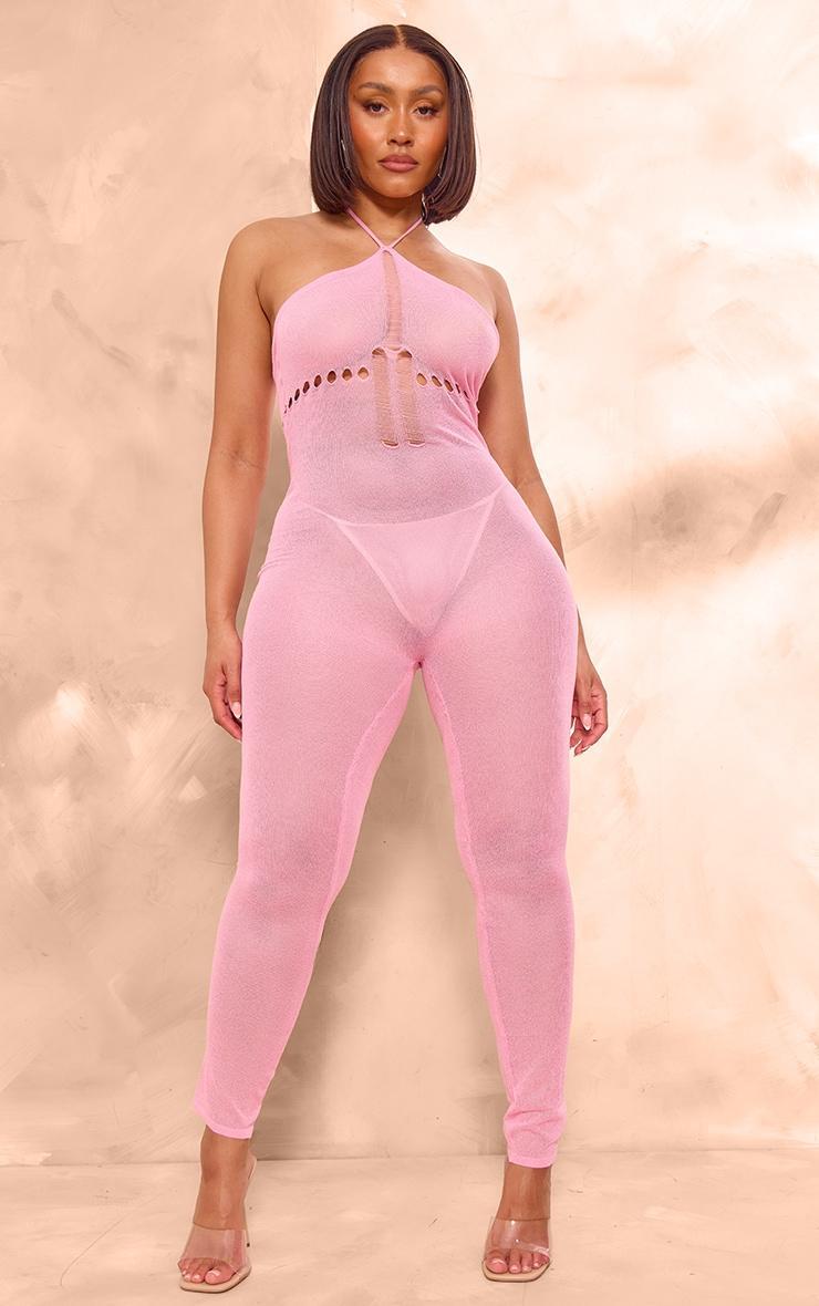 Shape Pink Knit Sheer Halterneck Jumpsuit Product Image