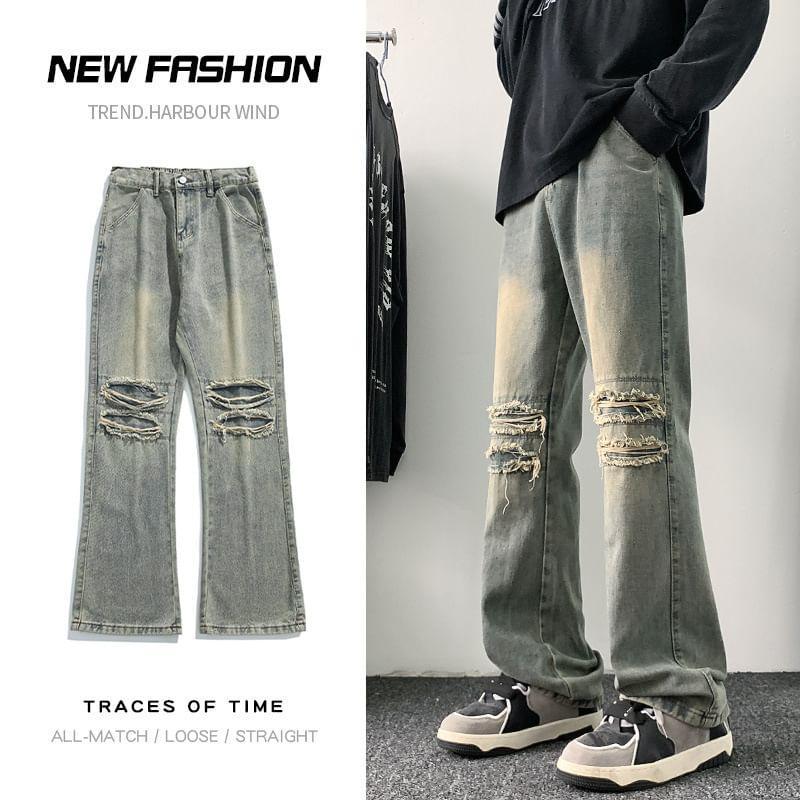 Mid Rise Washed Distressed Flared Jeans Product Image