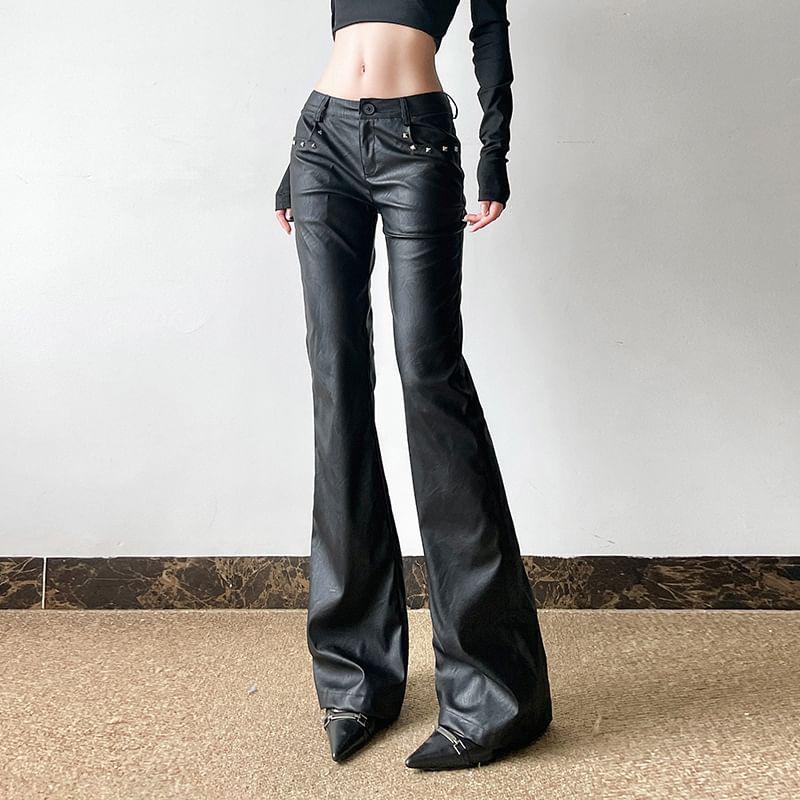 Mid Waist Faux Leather Flared Pants Product Image