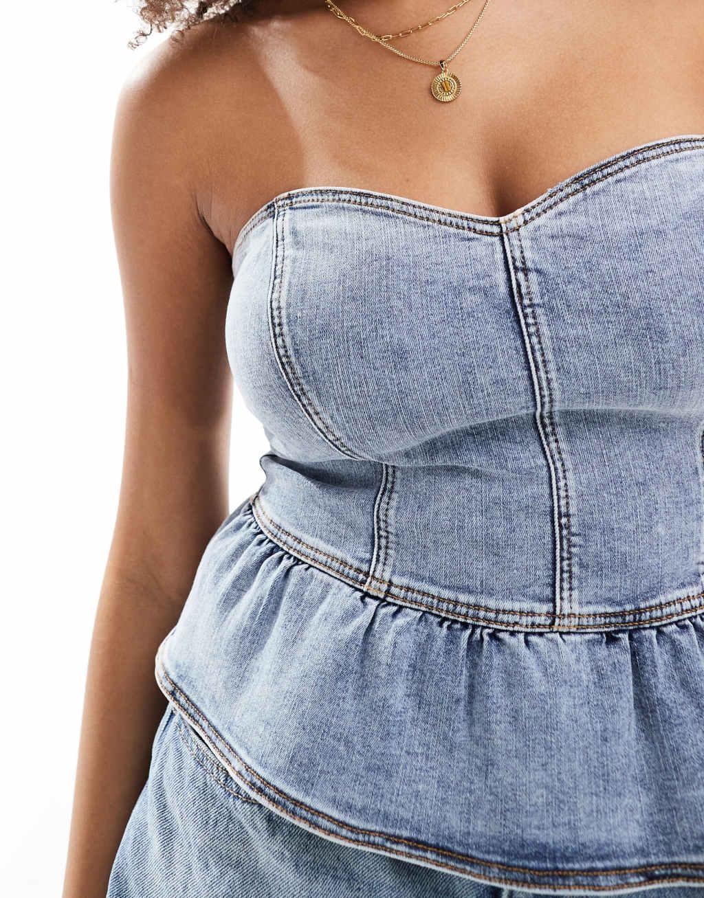 Miss Selfridge denim peplum bandeau top in bleach wash Product Image