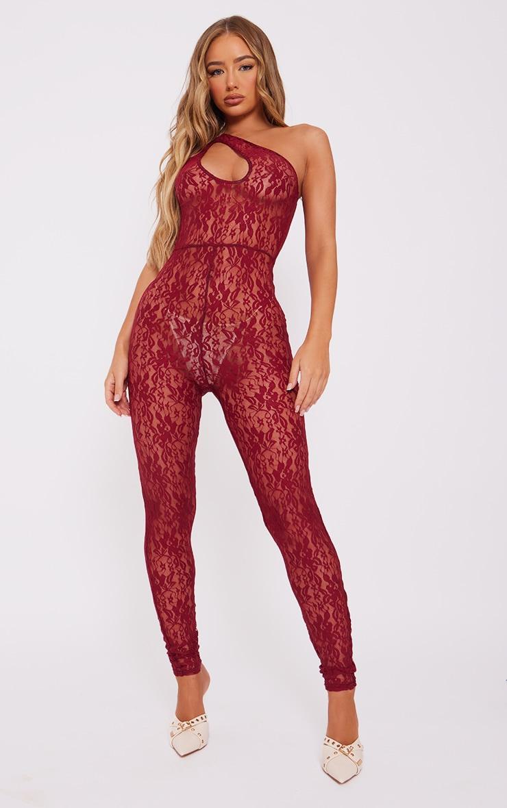 Burgundy Lace One Shoulder Cut Out Jumpsuit product image