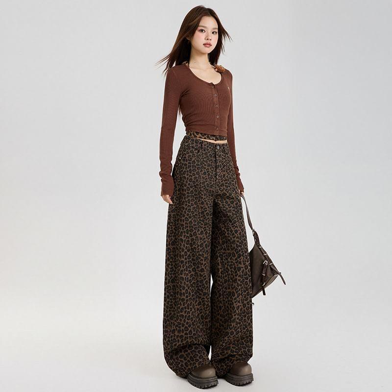 High Waist Leopard Print Wide Leg Jeans (Various Designs) Product Image