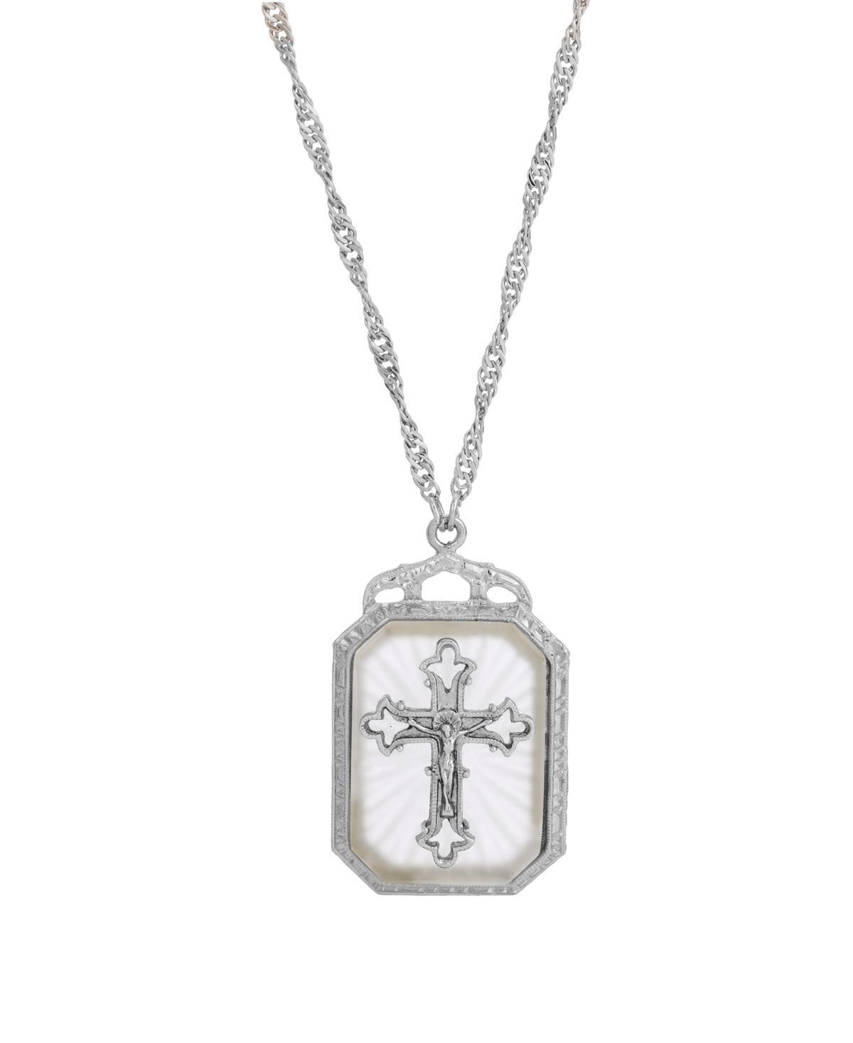 Symbols of Faith Silver-Tone Crystal Cross Large Pendant Necklace, Womens, White Product Image