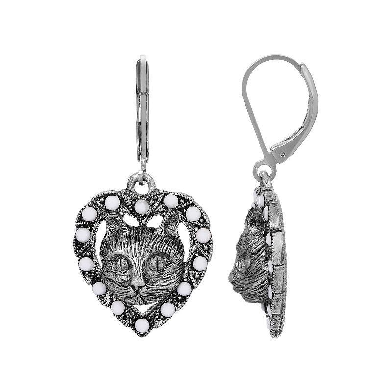 1928 Silver Tone Cat Heart Leverback Earrings, Womens, White Product Image