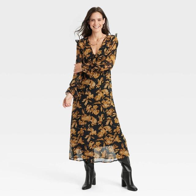 Womens Long Sleeve Sheer Maxi Dress - A New Day Black/Brown Floral XL Product Image