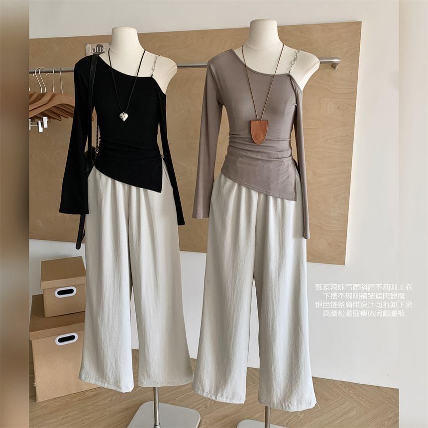 Set: Long-Sleeve Cold Shoulder Plain Ruched Top + Mid Waist Plain Wide Leg Pants Product Image