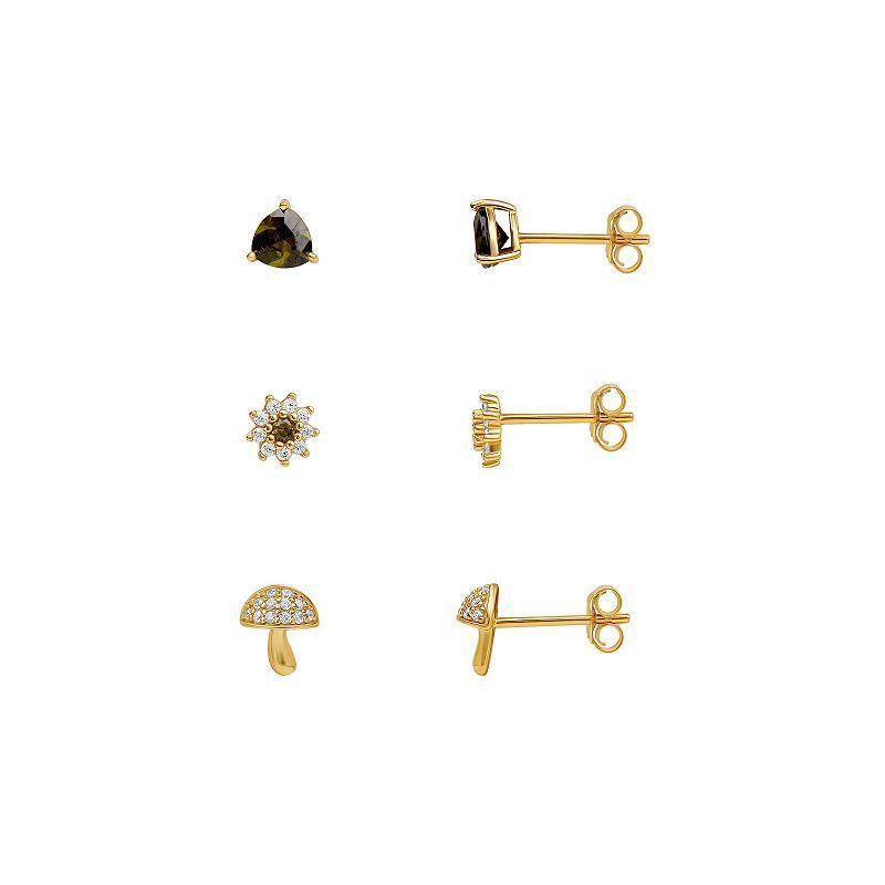 PRIMROSE Cubic Zirconia Triangle, Flower & Mushroom Stud Earring Trio Set, Womens, Gold Tone Product Image