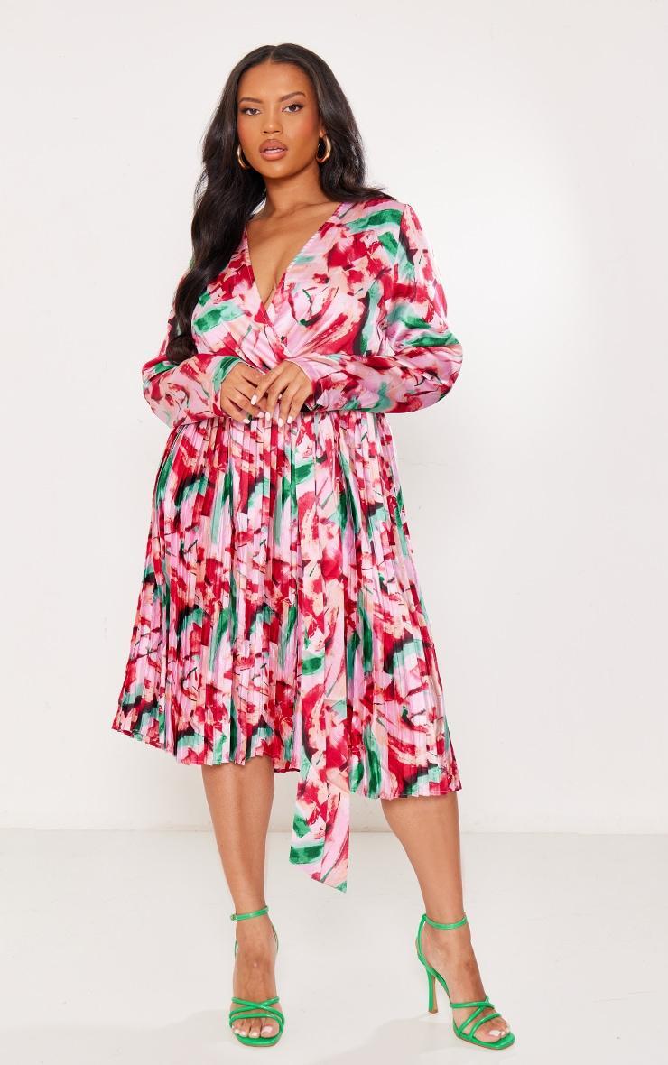 Plus Pink Floral Print Long Sleeve Pleated Midi Dress Product Image