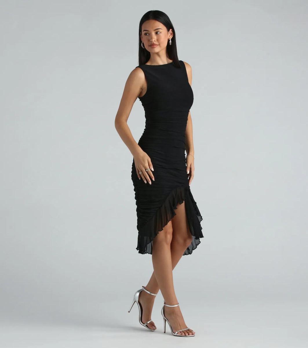 Casey Formal Mesh High Neck Ruffle Midi Dress Product Image