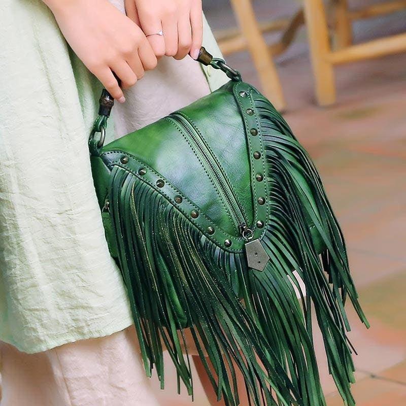 Western Me Bamboo Handle Fringed Leather Crossbody Handbag Product Image