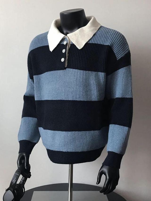 Drop Shoulder Striped Polo Collar Sweater Product Image