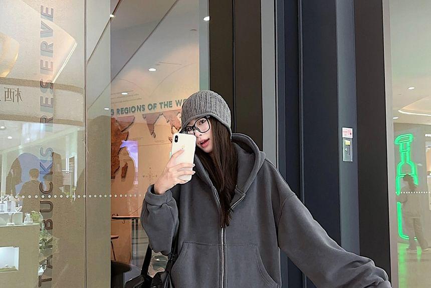 Drop Shoulder Plain Oversized Zip Hoodie / Mid Waist Plain Wide Leg Pants Product Image