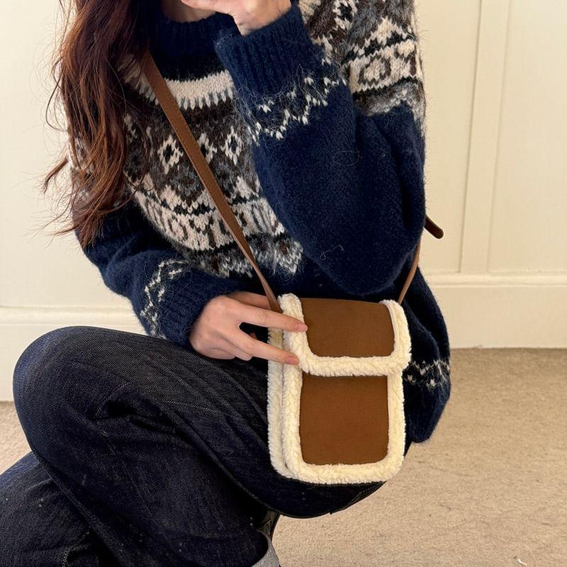 Faux Shearling Trim Mobile Crossbody Bag Product Image