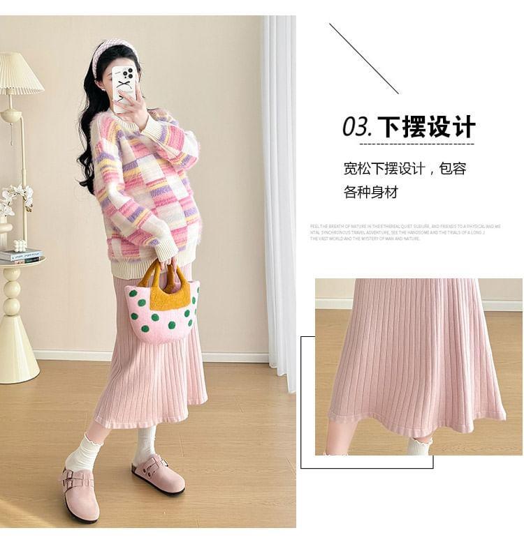 Maternity Round Neck Plain Sweater / High Rise Plain Ribbed Knit Midi Mermaid Skirt / Set Product Image