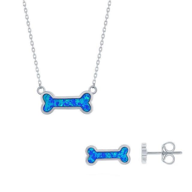 Sterling Silver Lab-Created Blue Opal Dog Bone Necklace & Earrings Set, Womens Product Image