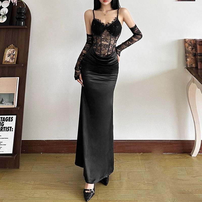 Spaghetti Strap V-Neck Mesh Maxi Sheath Dress Product Image