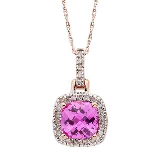 Lab-Created Pink Sapphire & 1/8 Carat T.W. Diamond 10k Gold Halo Pendant Necklace, Womens Product Image