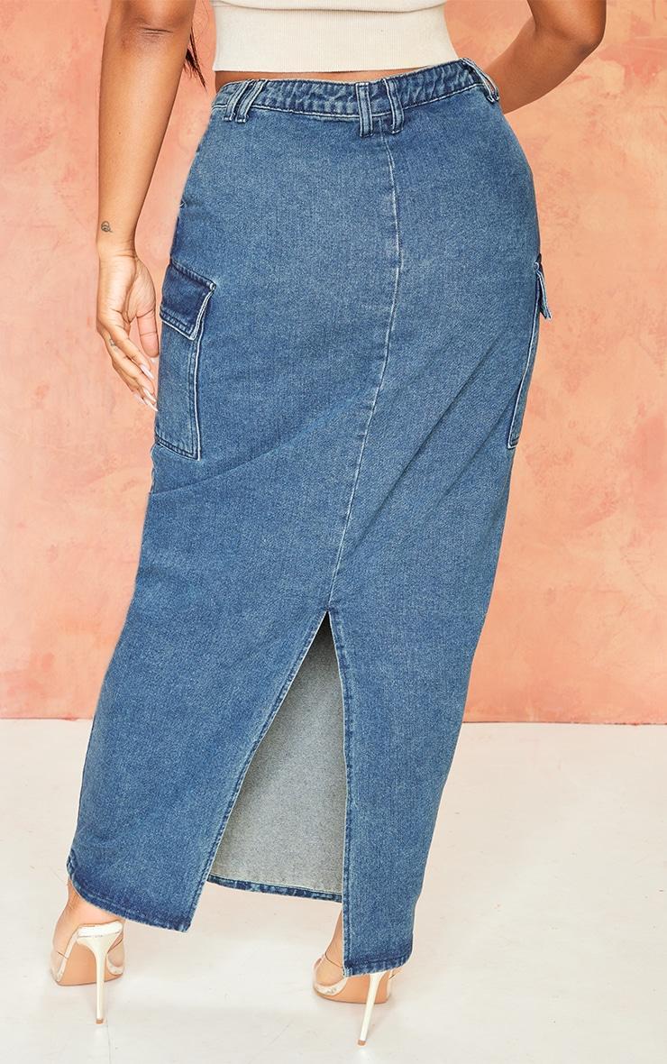 Shape Indigo Vintage Wash Asymmetric Seam Denim Maxi Skirt Product Image