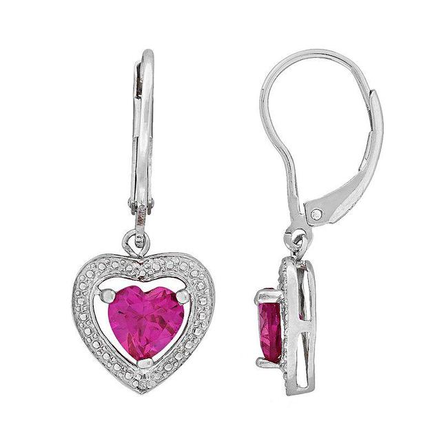 Stella Grace Sterling Silver Lab-Created Pink Sapphire and Diamond Accent Heart Drop Earrings, Womens Product Image