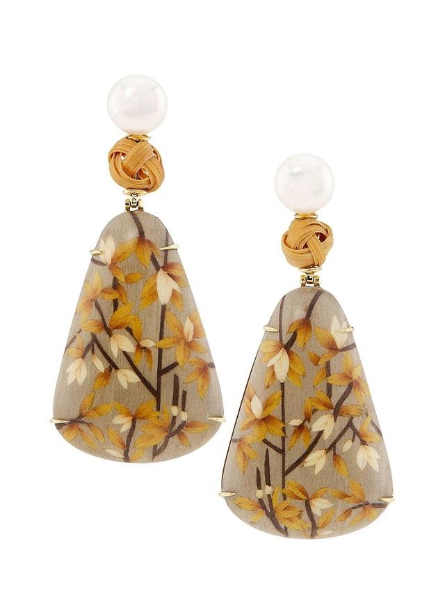 Womens Marquetry 18K Yellow Gold, Cultured Pearl & Bamboo Drop Earrings Product Image