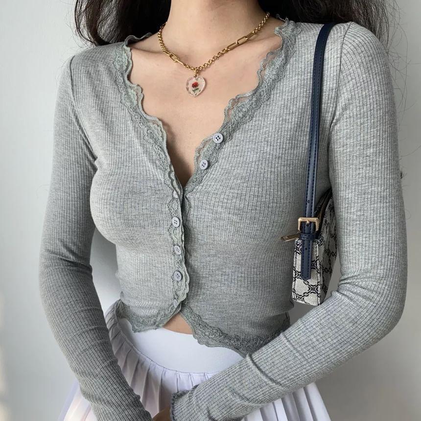 Long Sleeve V-Neck Lace-Trim Plain Slim-Fit Light Cardigan Product Image