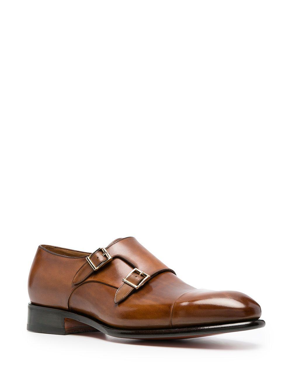 SANTONI Double-buckle Polished Monk Shoes In Mid Brown Product Image