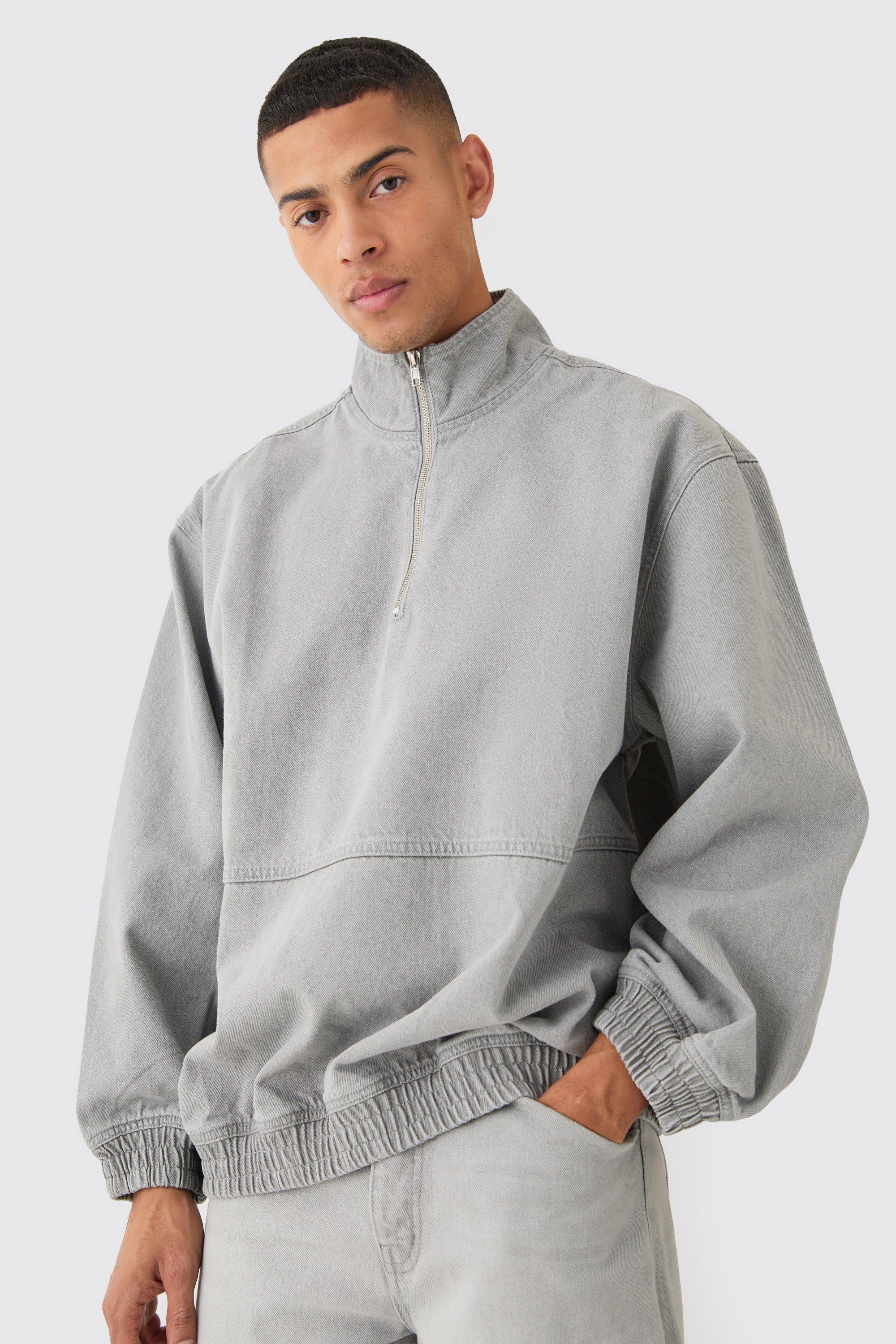 Oversized Funnel Neck 1/4 Zip Denim Jacket | boohooMAN USA Product Image