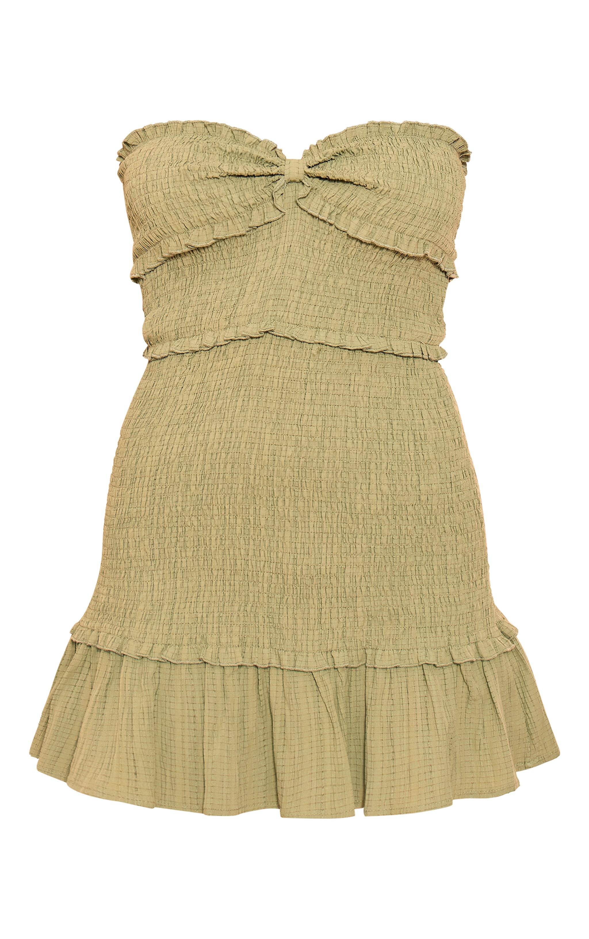 Sage Khaki Shirred Frill Bandeau Shift Dress Product Image