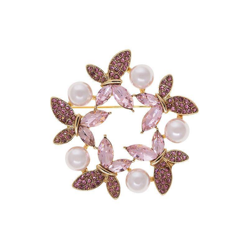 1928 Gold Tone Crystal & Simulated Pearl Round Butterfly Pin, Womens, Pink Product Image