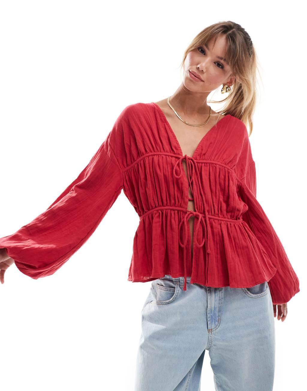 ASOS DESIGN long sleeved smock top with ties in dark red Product Image