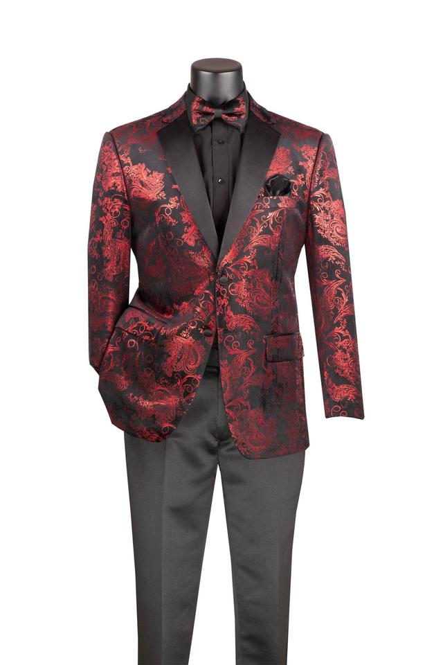 (L, 2XL, 3XL) Red Modern Fit Velvet Jacket Metallic Design Product Image