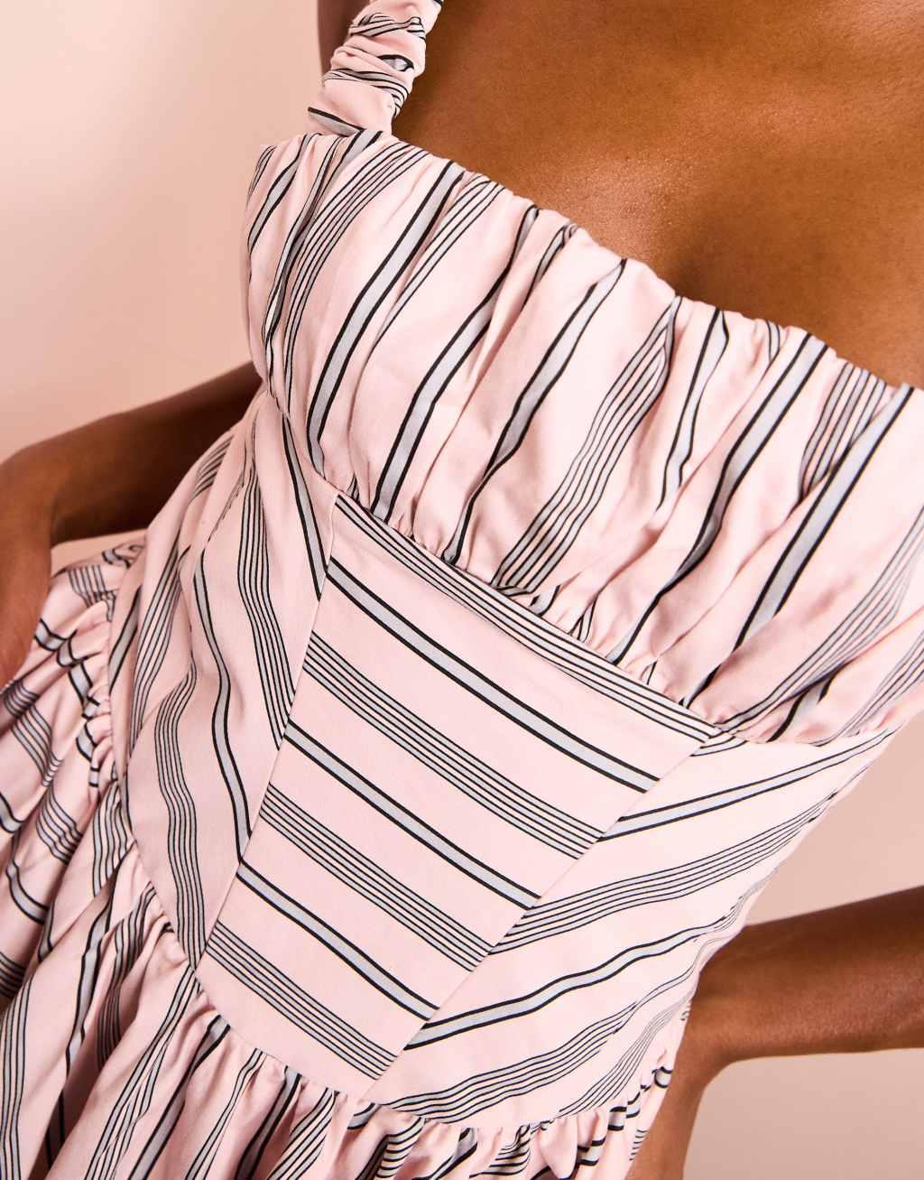 ASOS LUXE cotton poplin scrunch strap peplum mini dress in pink stripe Product Image