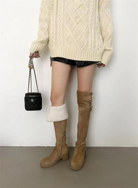 Chunky Heel Fleece-Lined Buckled Over-The-Knee Boots Product Image