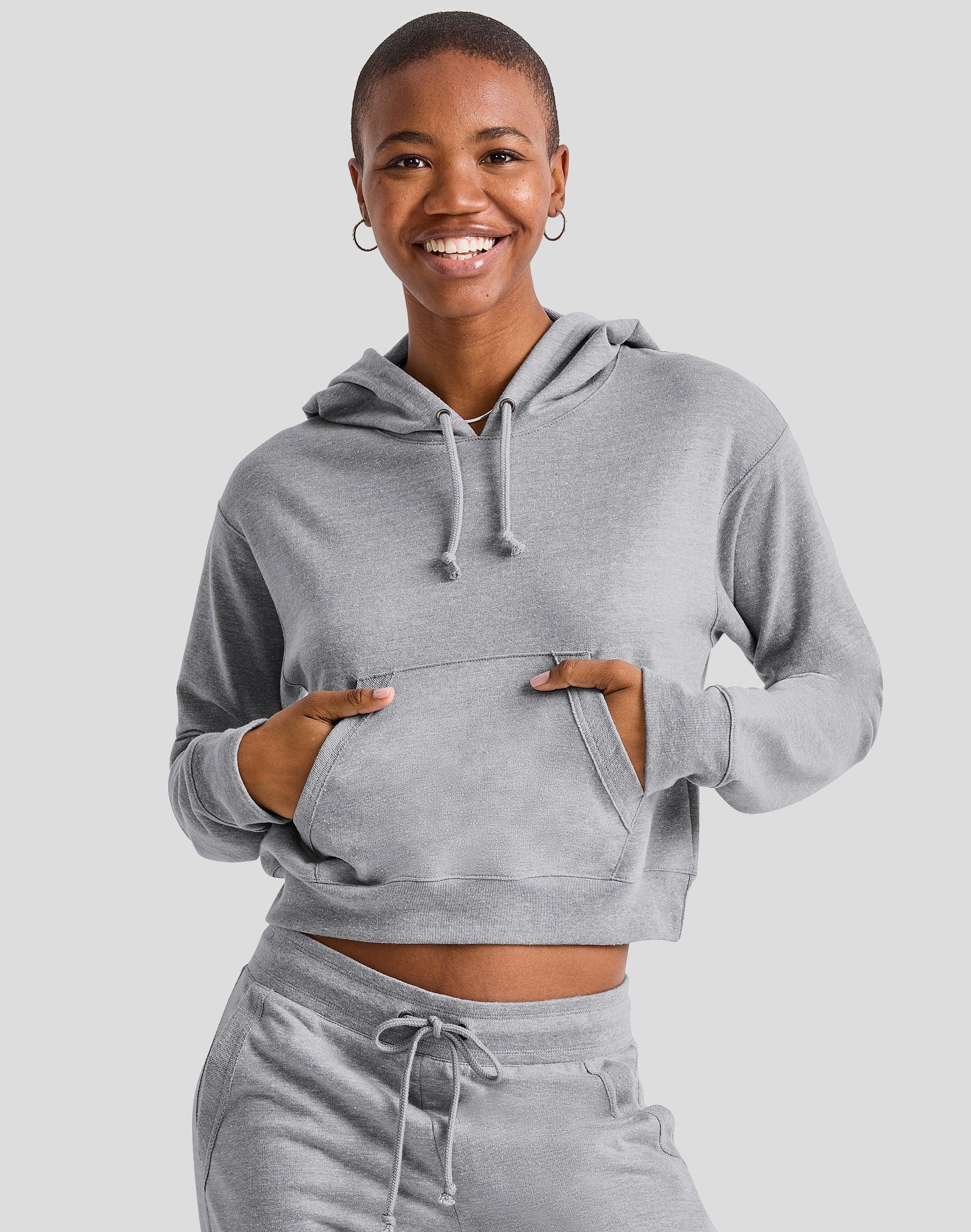 Womens Hanes Cropped Fleece Hoodie Black Pe Grey Product Image