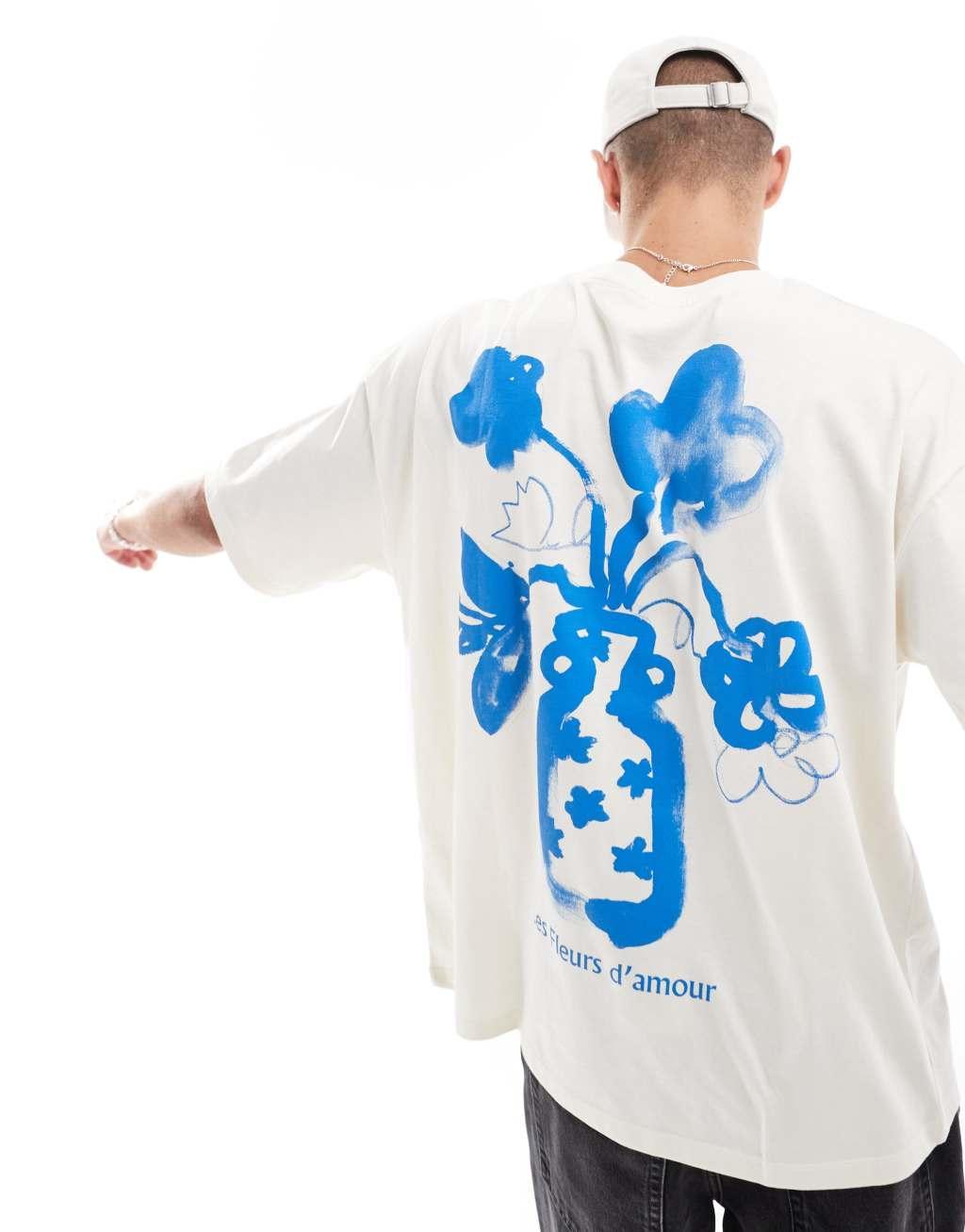 ASOS DESIGN oversized t-shirt with painted floral back print in off white Product Image