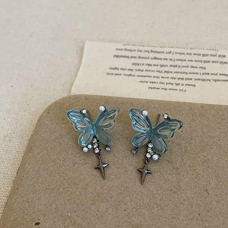 925 Sterling Silver Butterfly Rhinestone Star Drop Earring Product Image